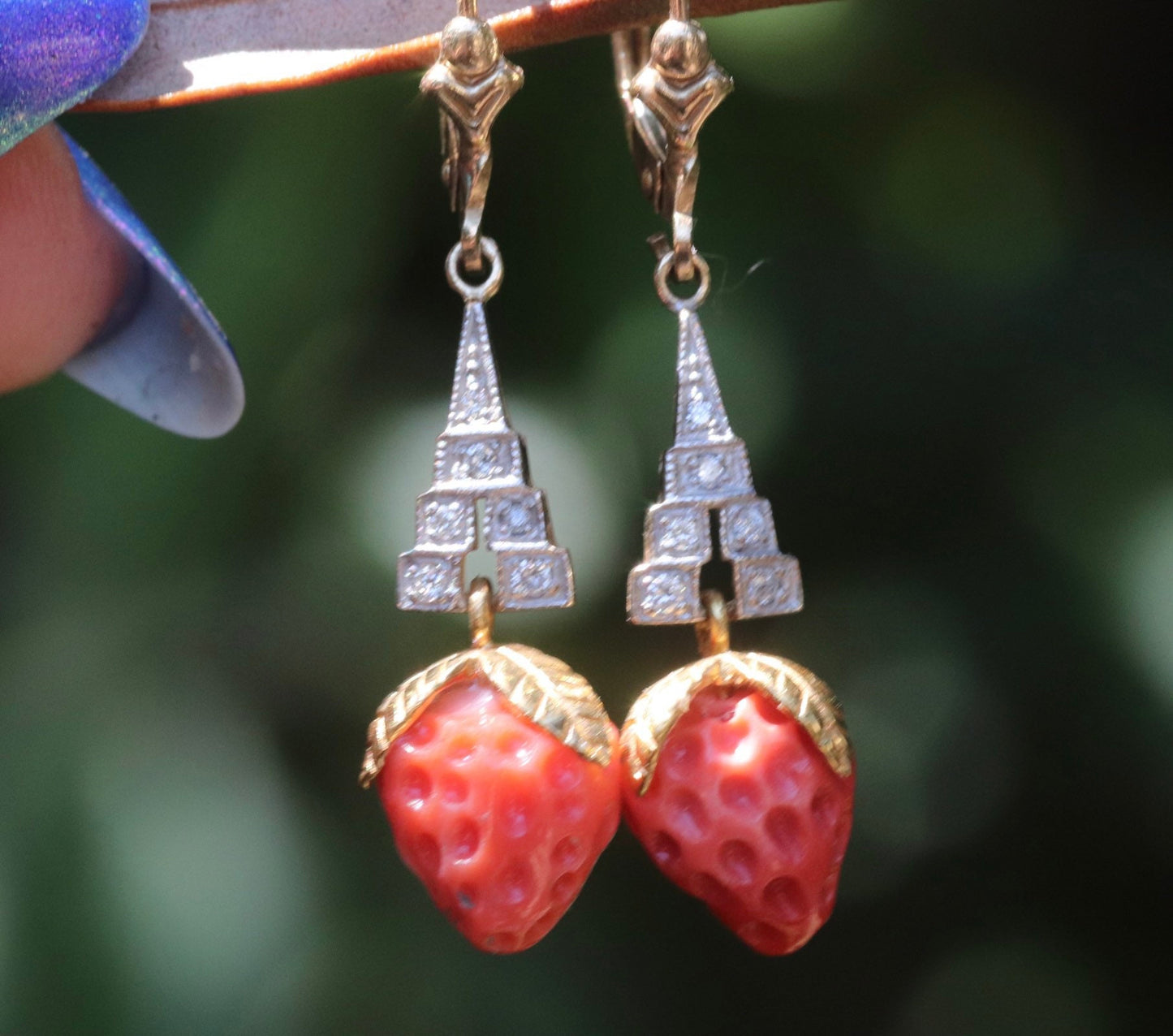 Genuine Art Deco carved coral strawberry earrings in 9k gold