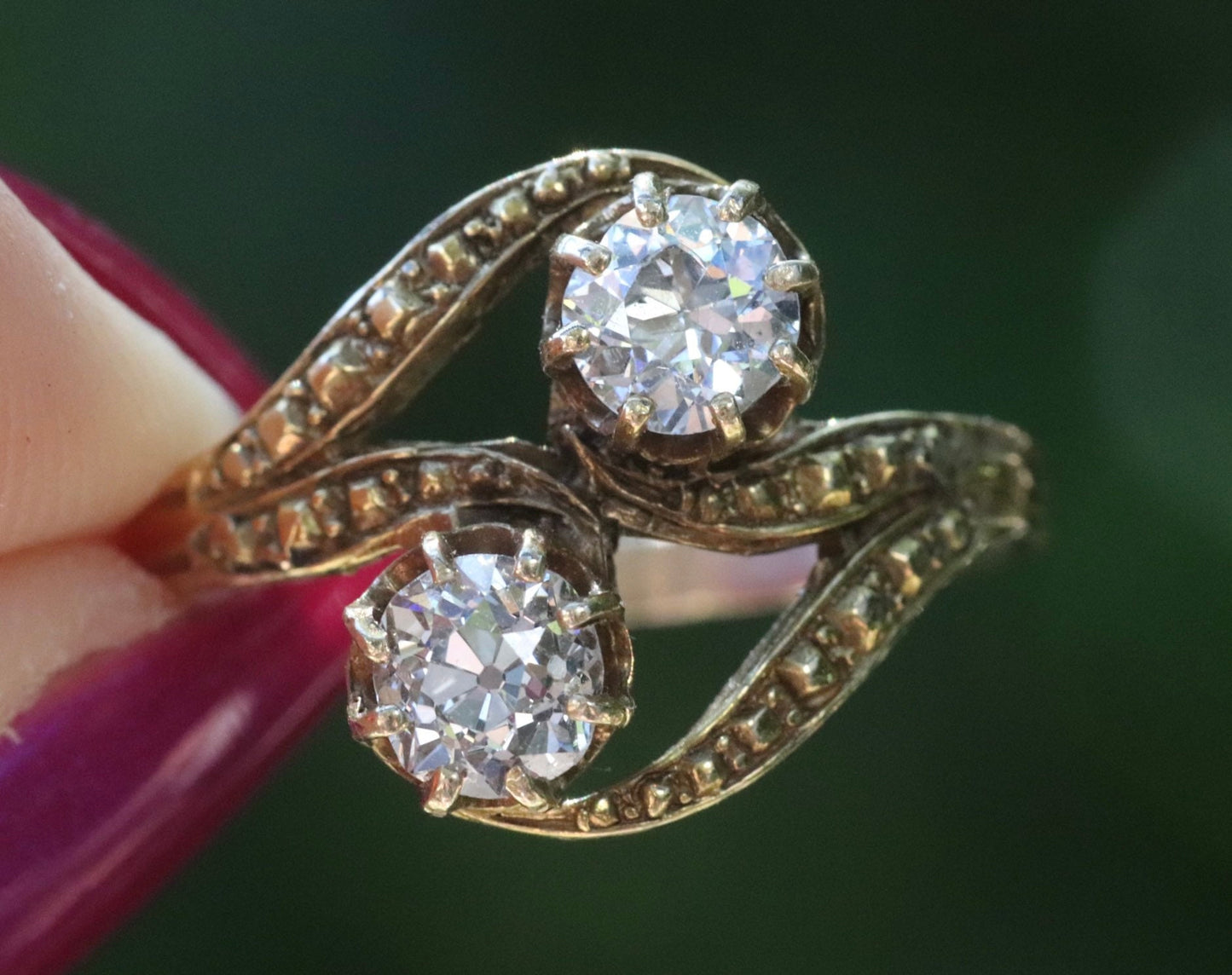 1.1 ctw old mine cut diamond toi et moi ring set in 14k yellow gold size 7 (sizable)