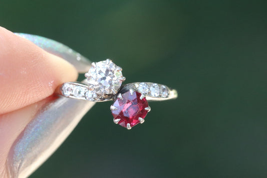 18ct white gold old European cut diamond and natural ruby toi et moi size 5 (sizable)