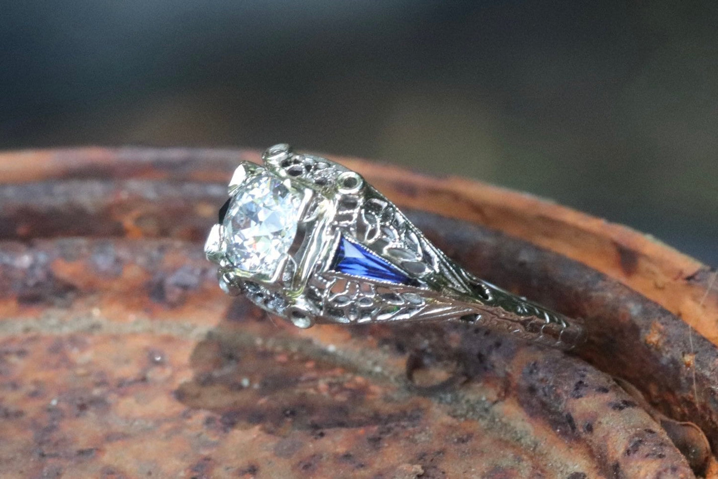 Authentic Art Deco old European cut diamond and sapphire engagement ring
