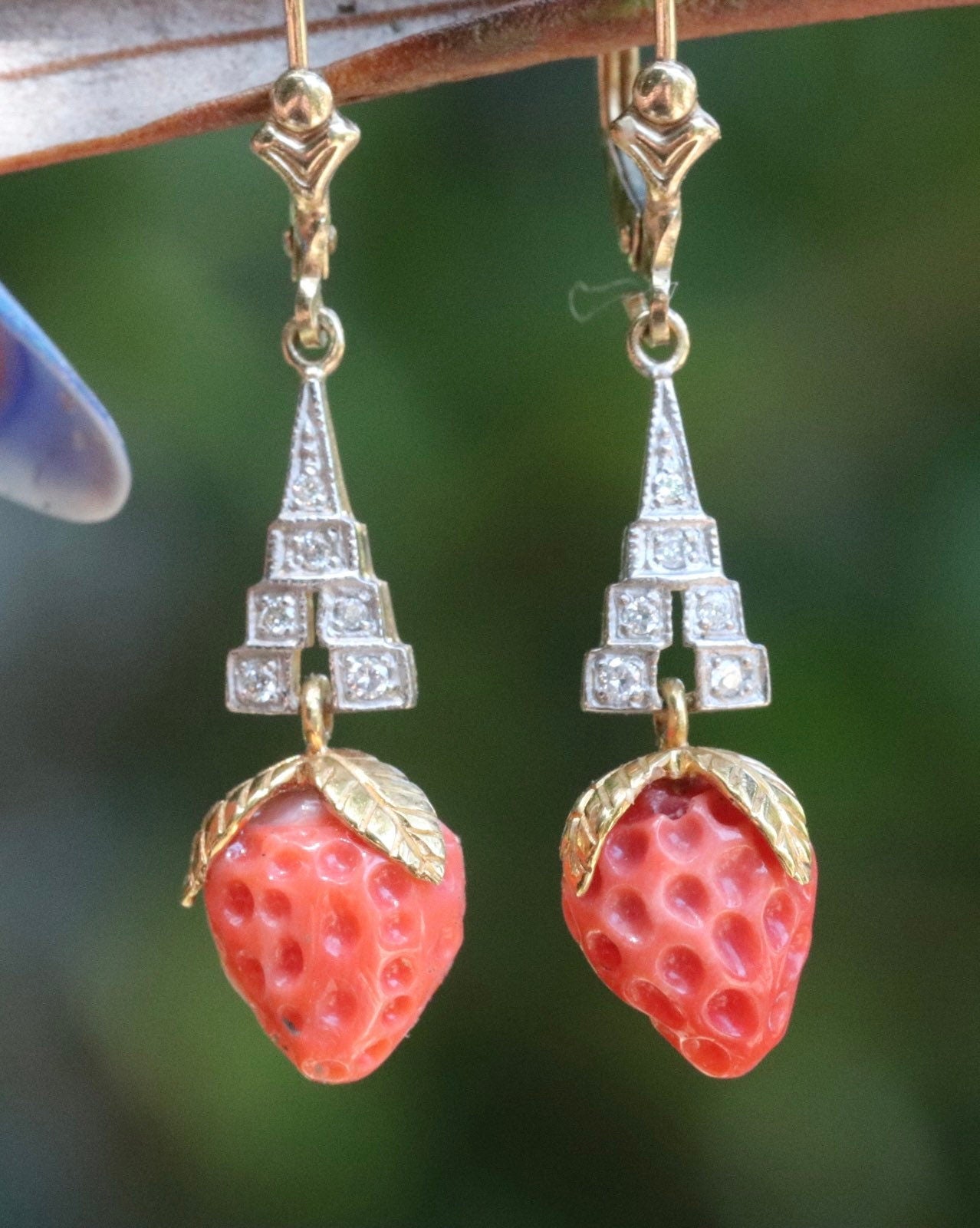 Genuine Art Deco carved coral strawberry earrings in 9k gold