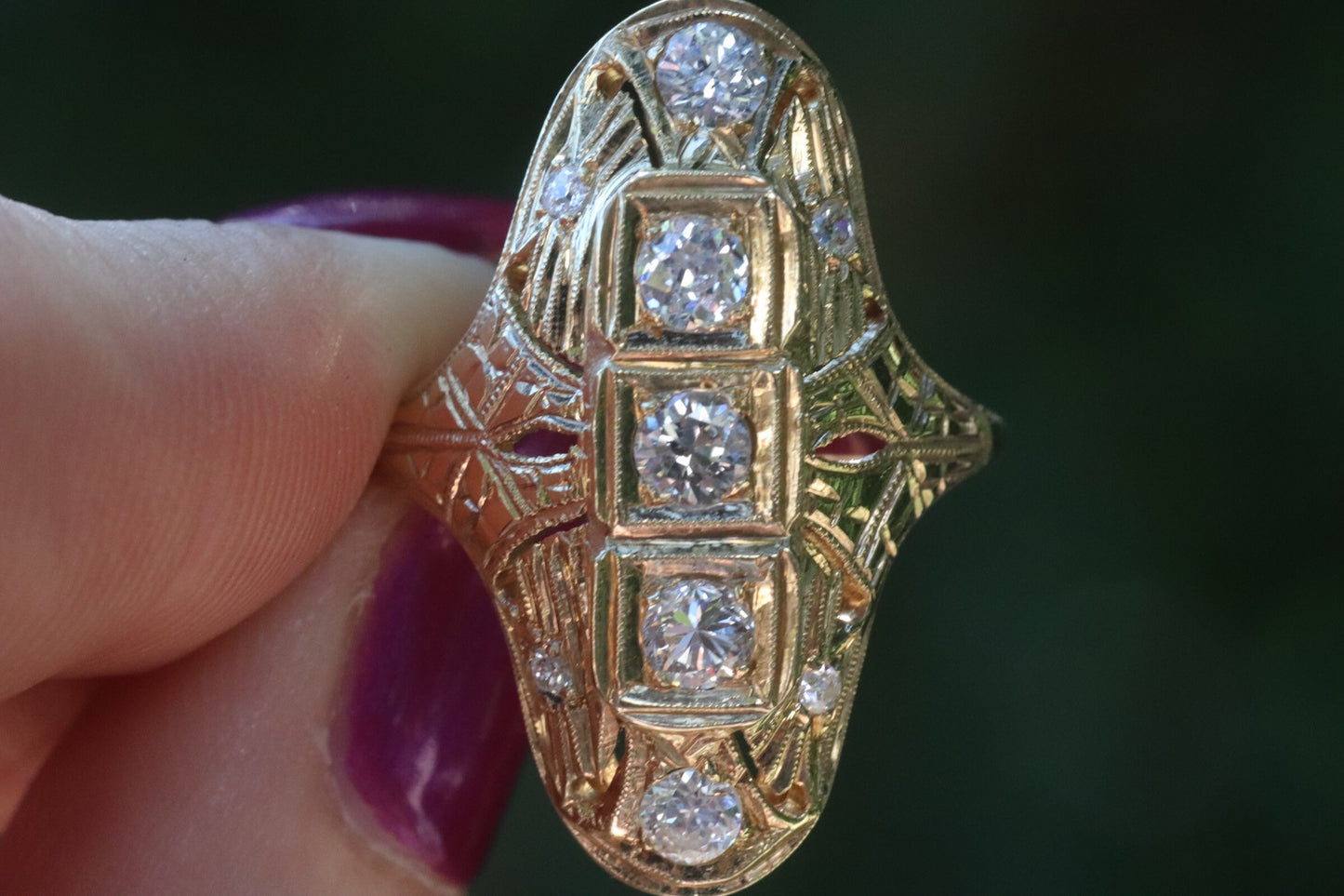 14k yellow gold antique Edwardian navette diamond ring size 6 (sizable)