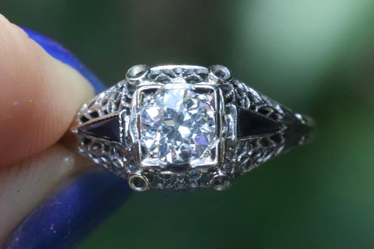 Authentic Art Deco old European cut diamond and sapphire engagement ring