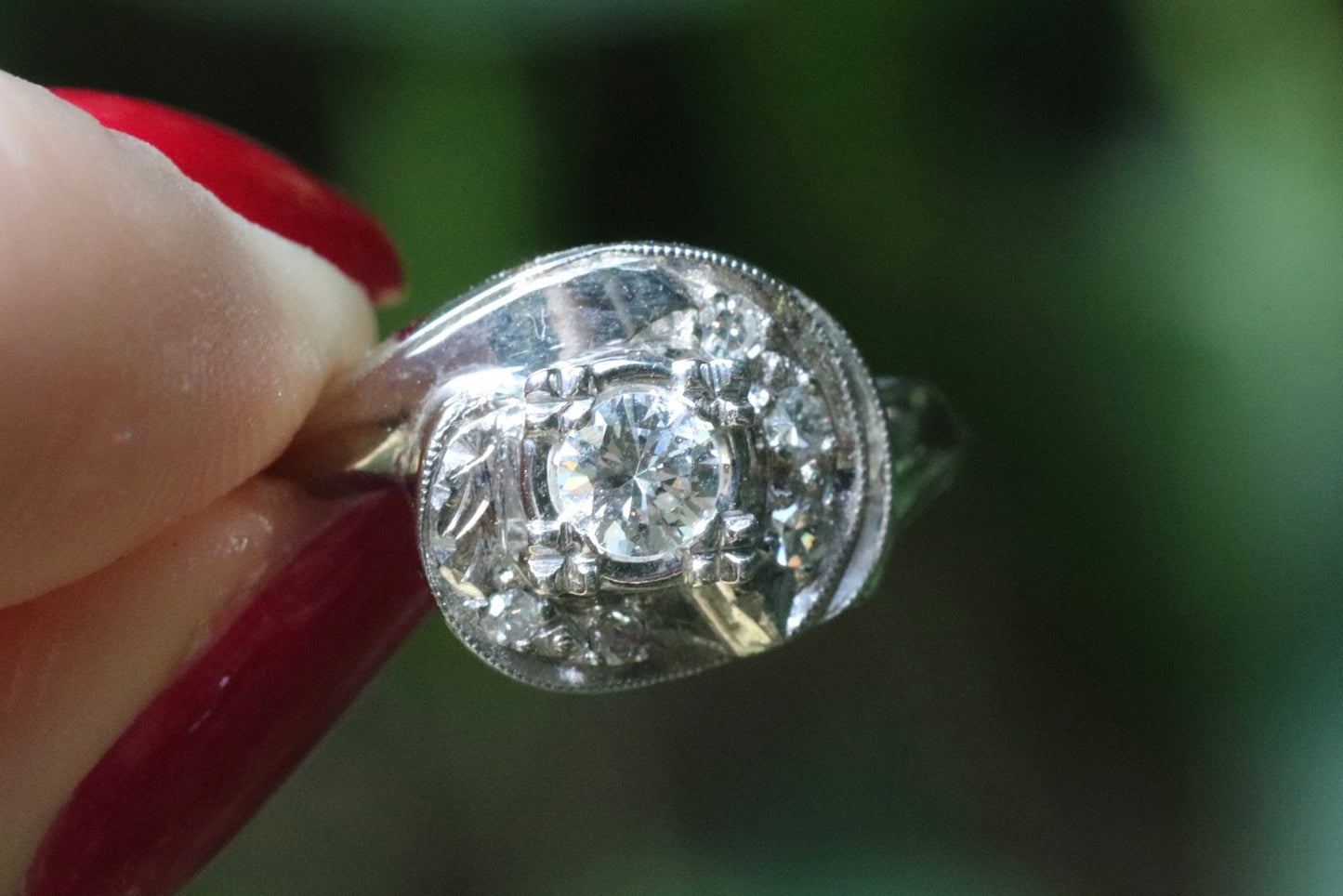 1940s retro swirl diamond engagement ring in 14 karat white gold size 6