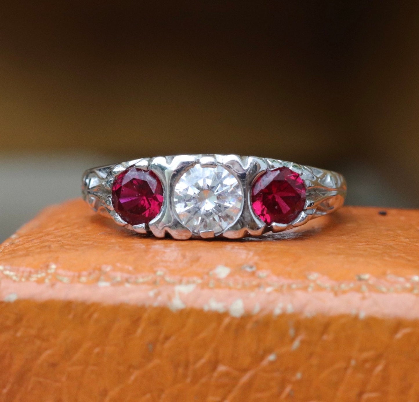 Victorian style diamond simulate and synthetic ruby ring set in 14k white gold size 6.5 sizable