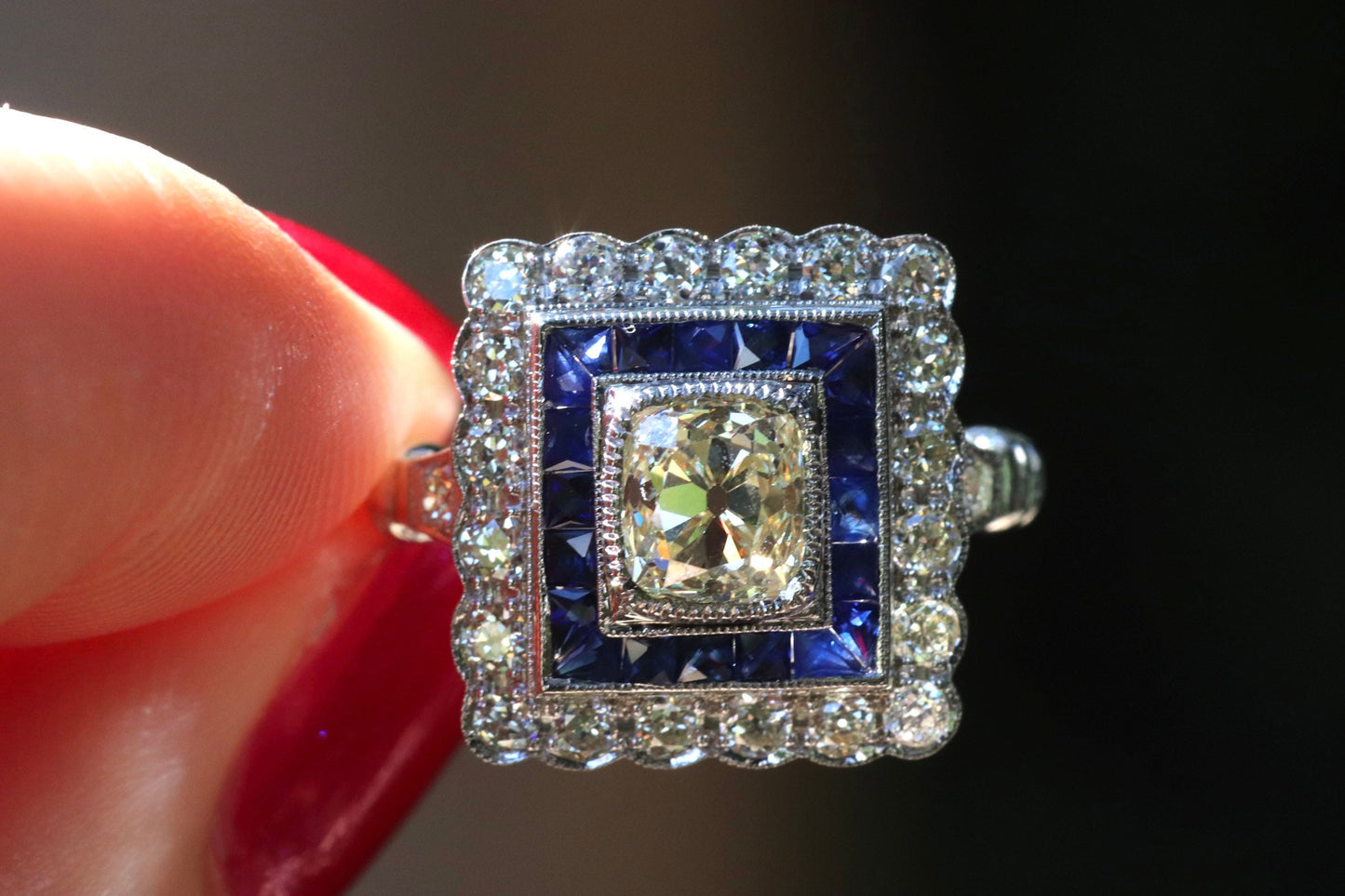Art Deco inspired old mine cut diamond and French cut sapphire ring in 14k white gold