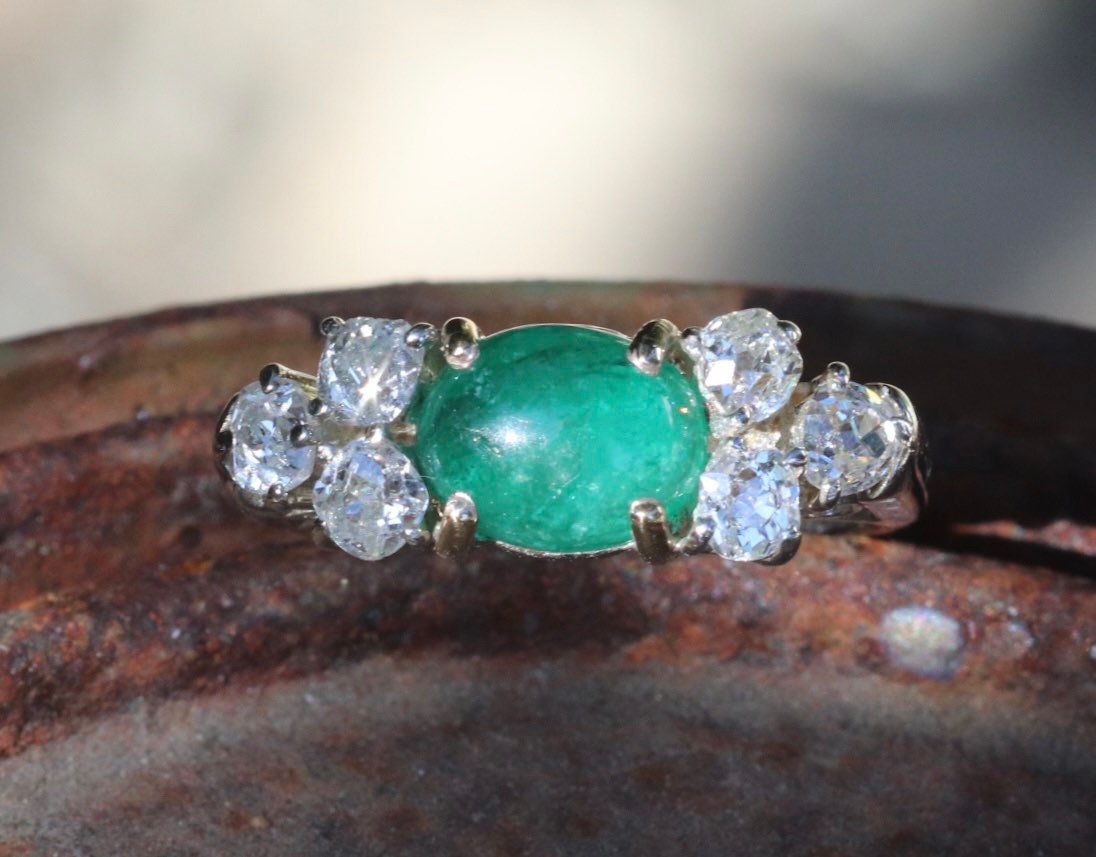 Emerald cabochon old mine cut diamond ring set in 18k white gold