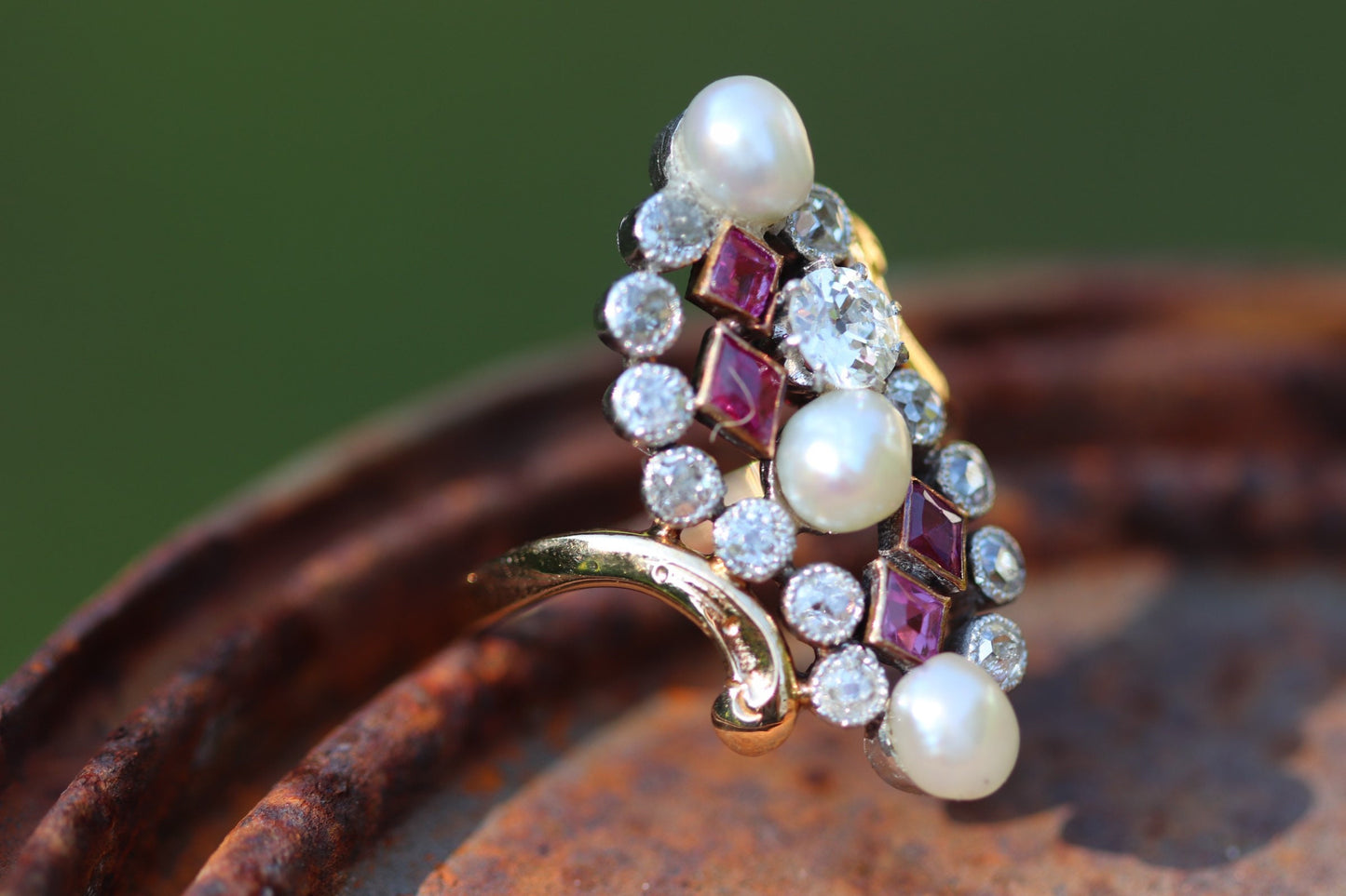 18k Authentic art nouveau ruby old mine cut diamond and pearl ring