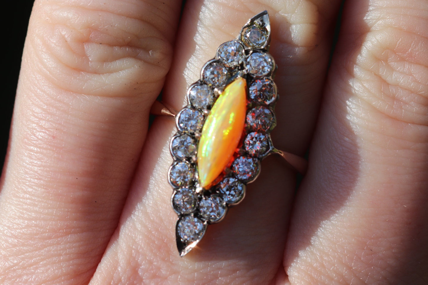 18k yellow gold Victorian Mexican precious opal and old mine cut diamond navette ring