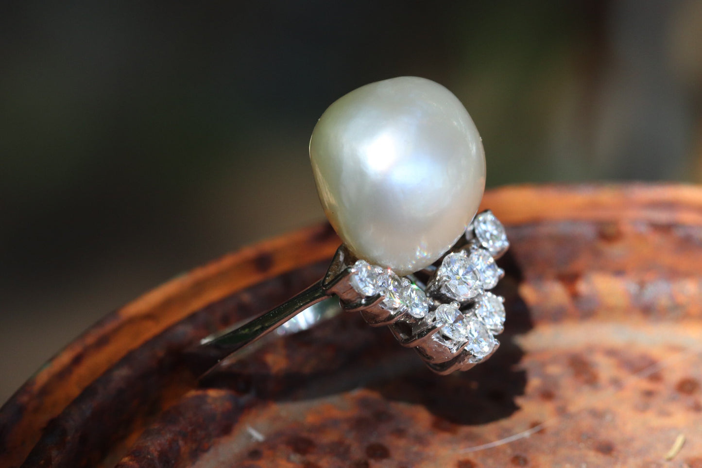 Diamond and south sea pearl ring set in 14k white gold