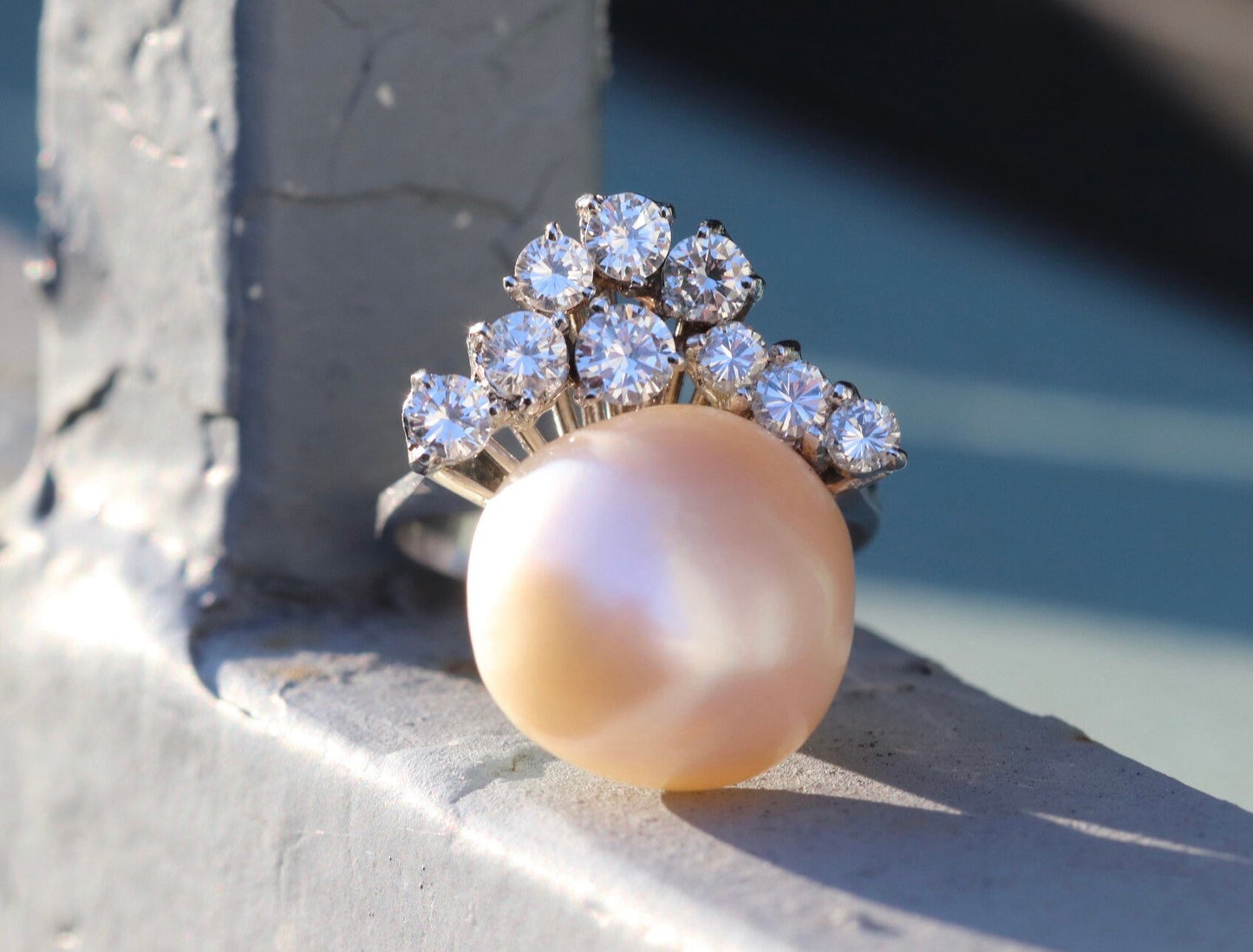 Diamond and south sea pearl ring set in 14k white gold
