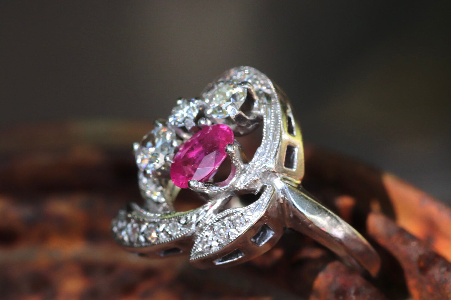 1950s ruby and old European cut diamond cocktail ring set in 14k white gold