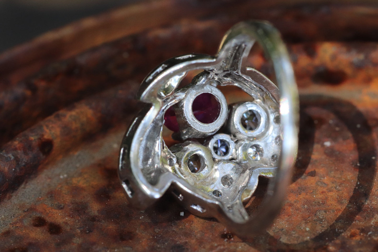 1950s ruby and old European cut diamond cocktail ring set in 14k white gold