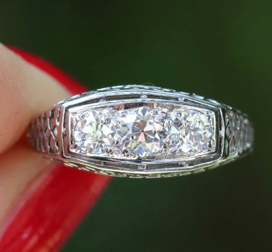 Old European cut diamond three stone ring in 14k white gold