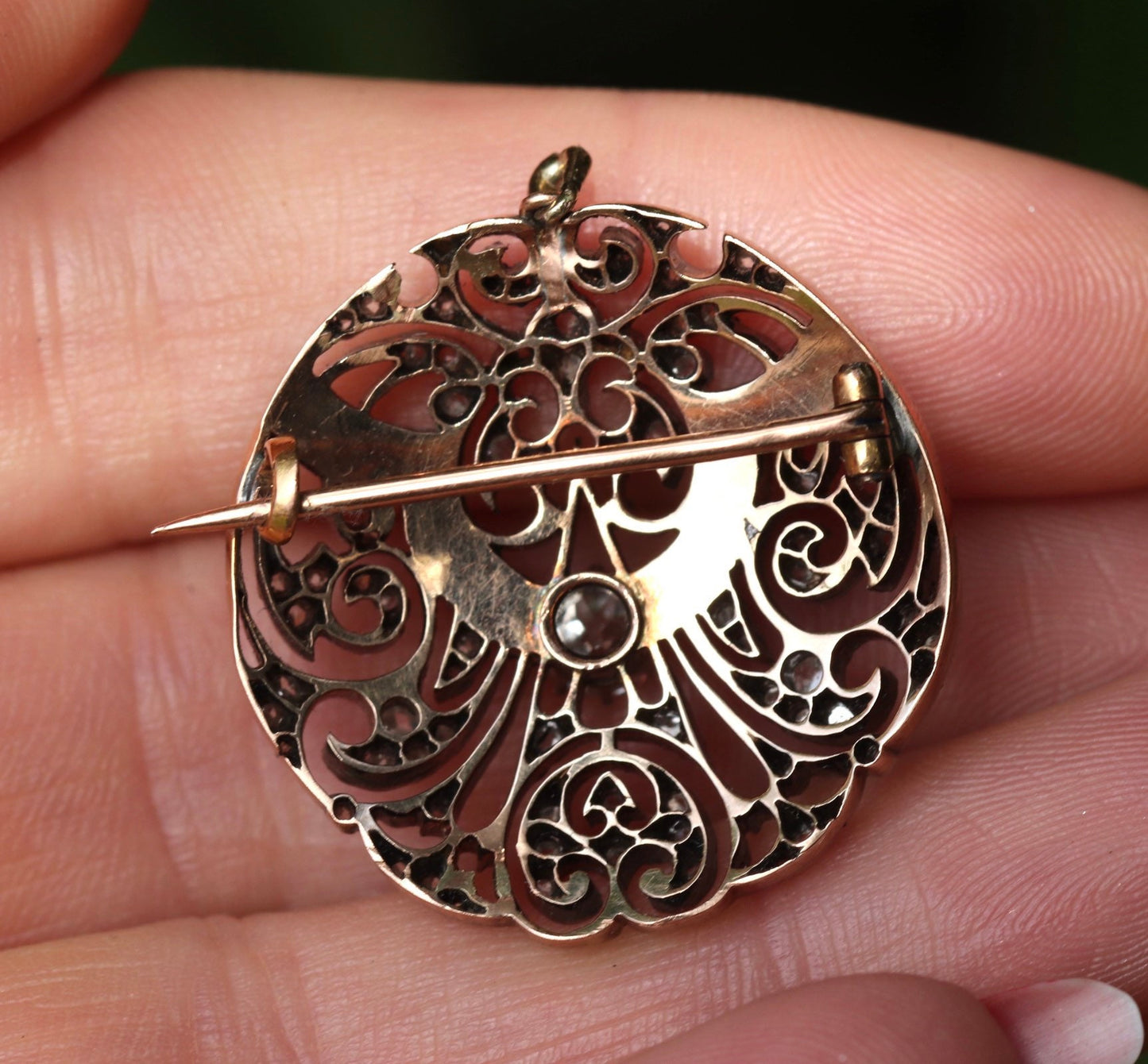 Art nouveau gold, silver, old mine cut and old rose cut diamond pendant pin