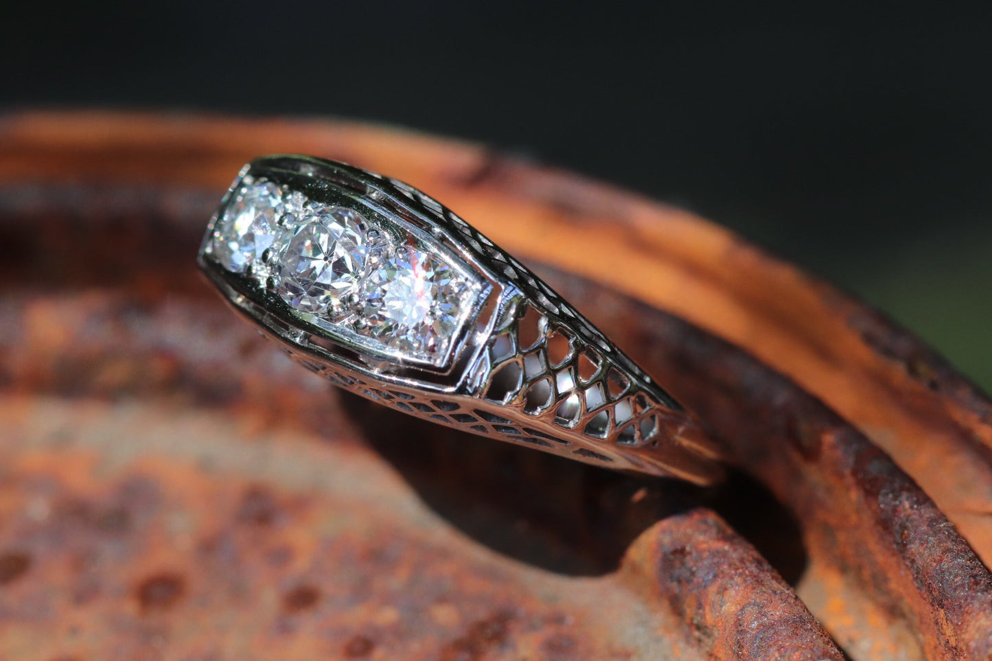 Old European cut diamond three stone ring in 14k white gold