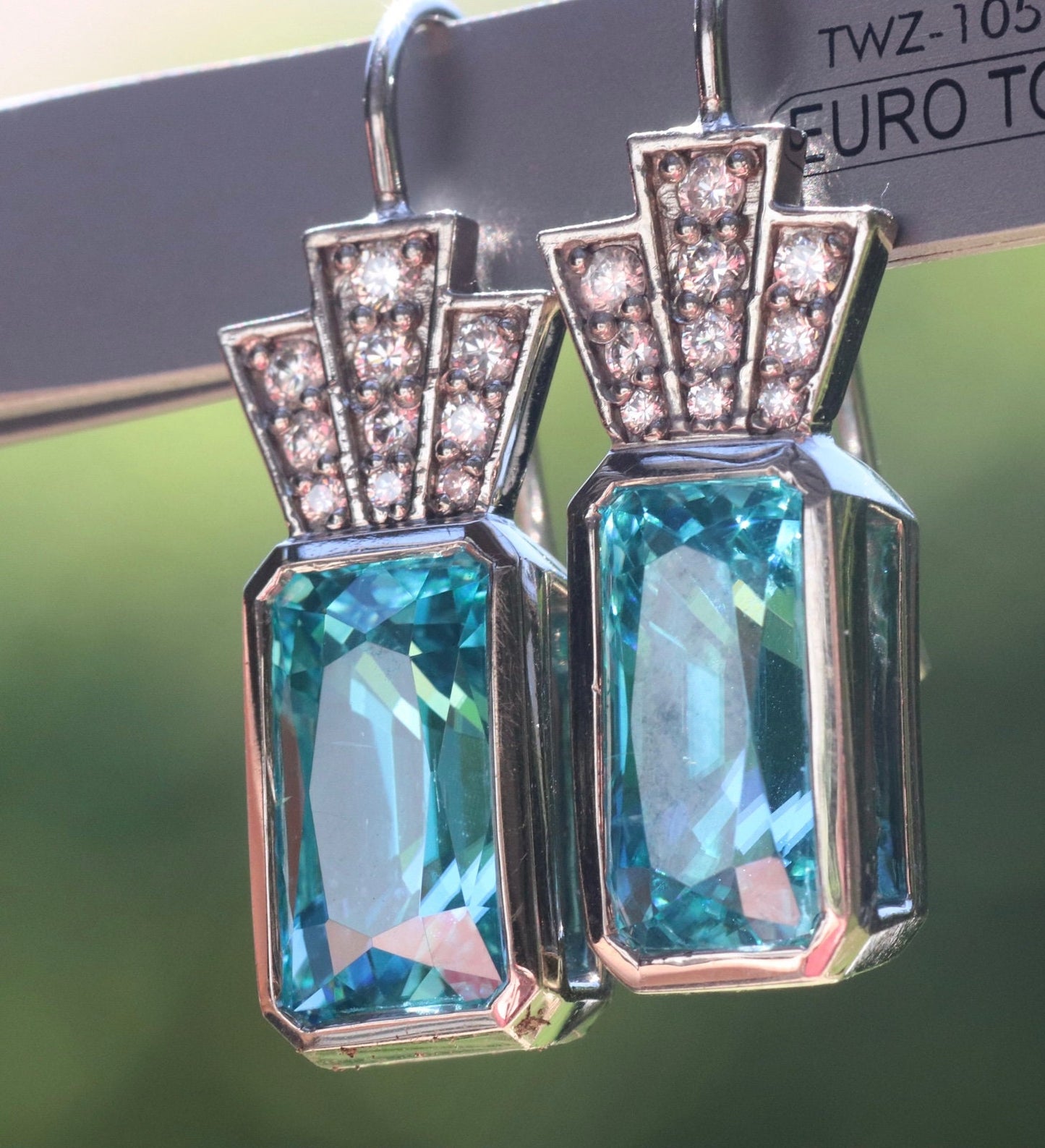 14k grey gold blue zircon and diamond earrings Bridgerton