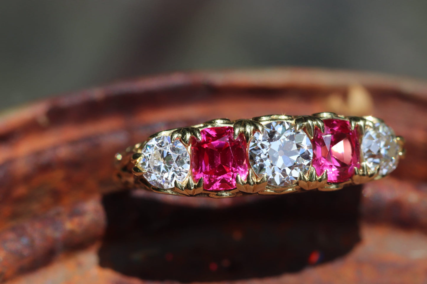 Victorian style jedi pink spinel and old European cut diamond 5-stone 18k yellow gold