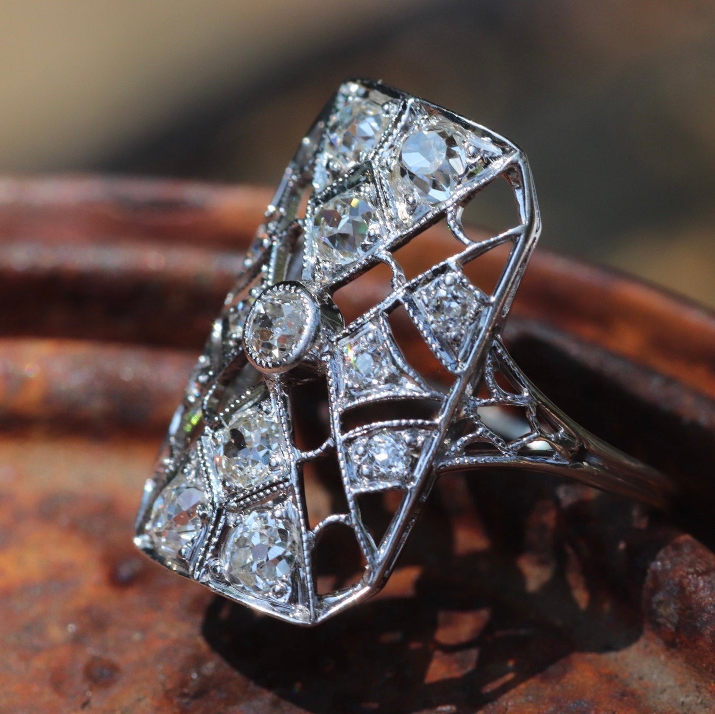 Approx 2ctw Art deco diamond filigree ring set in 14k white gold